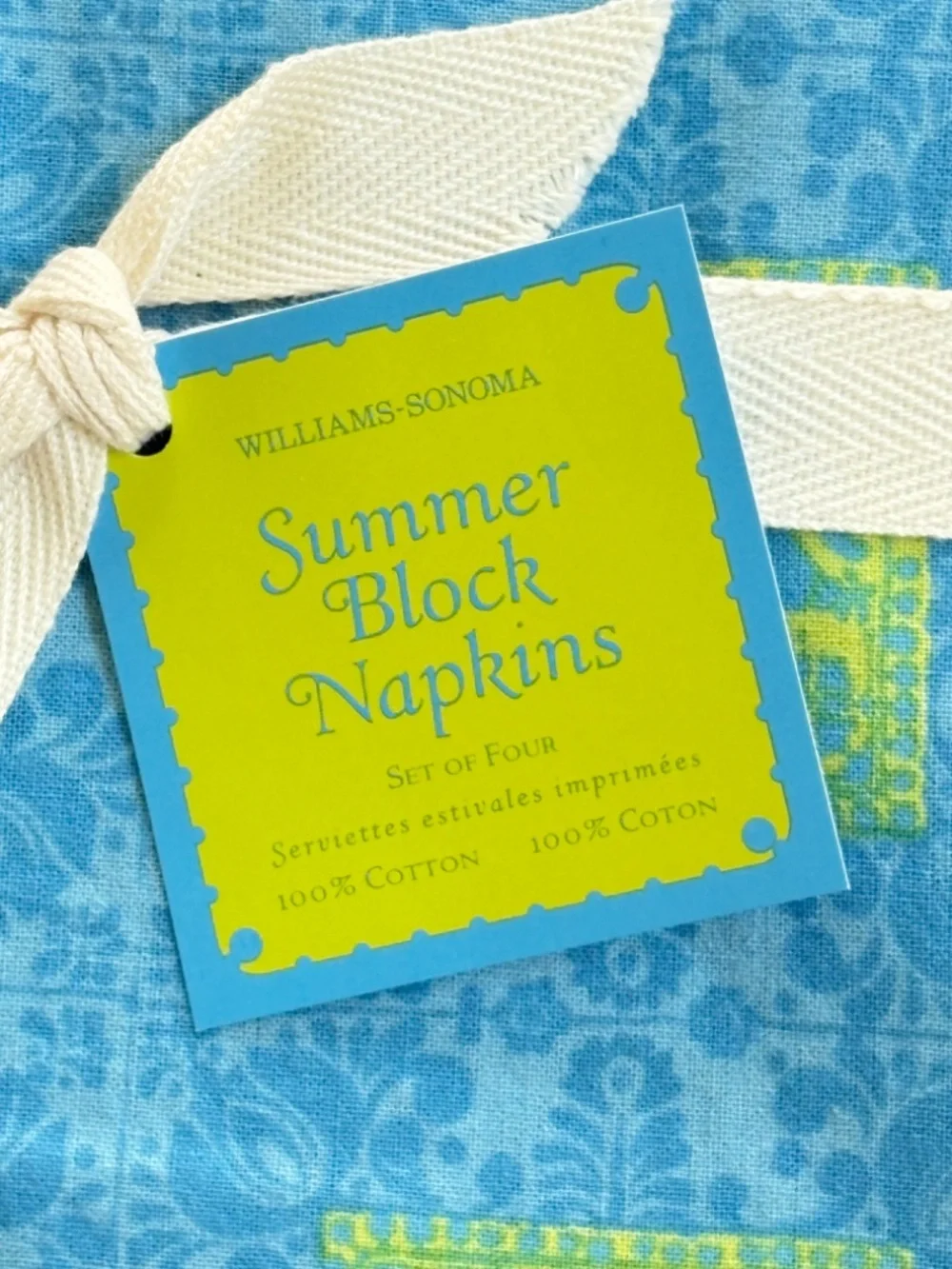 Williams Sonoma Napkins 4 Pack Summer Block Blue Yellow Cloth Dinner Luncheon